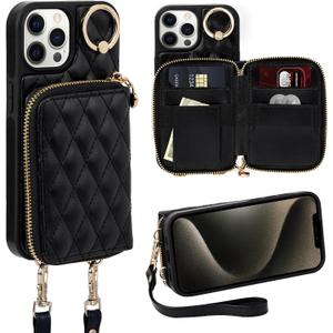 Case for iPhone 12 Pro/iPhone 12 6.1'' Wallet Case, Crossbody Zipper Purse Handbag Wristlet for Women, RFID Blocking Card Holders, Ring Kickstand Flip Leather Cover for iPhone 12/12 Pro, Black