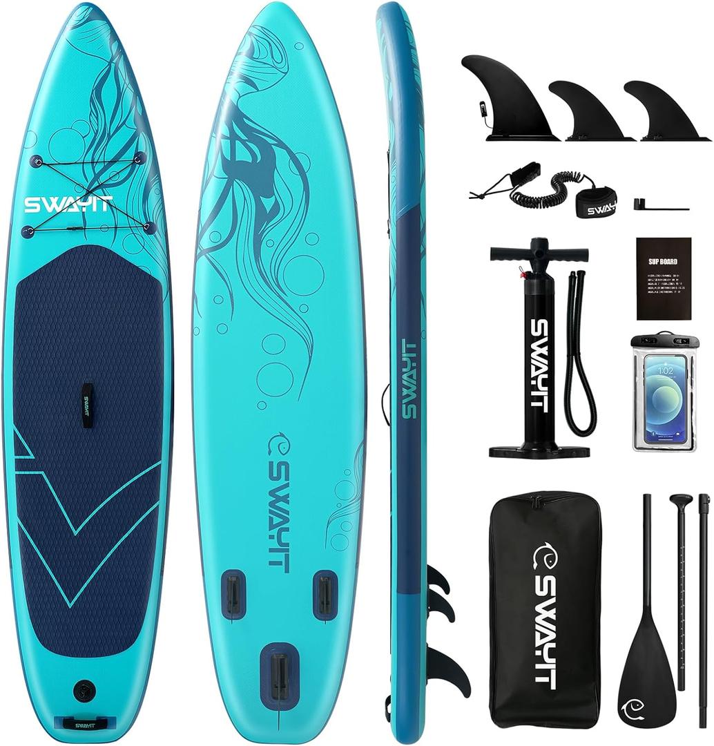 Inflatable Stand Up Paddle Board  Durable SUP for Adults & Youth,33" Wide Blow Up Paddle Board with Paddle, Pump, Backpack,Leash  All Around Stable for All Skill Levels, Carries up to 450 lbs (Jellyfish Blue)