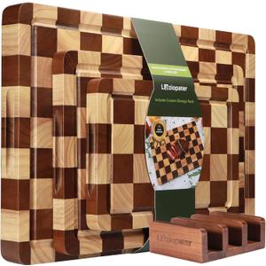 Checkerboard Cutting Board, Acacia Wood Cutting Board, Solid Wooden Chopping Board Set of 3 for Kitchen with Holder with Deep Juice Grooves & Built-in Handles, for Meat, Vegetables and Fruits