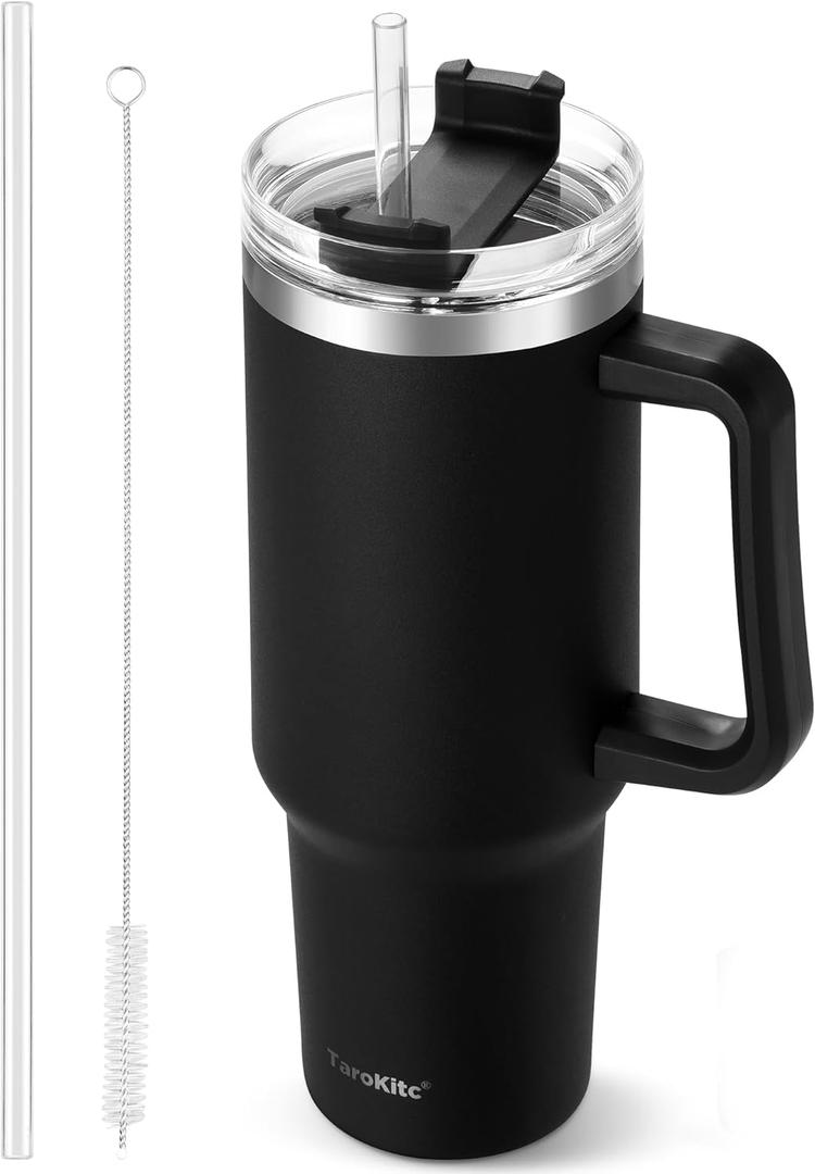 TaroKitc 40 oz Tumbler with Handle | Stainless Steel Insulated Travel Mug Iced Coffee Cup with Lids and Straw | Keeps Drinks Cold for 34 Hours | Dishwasher Safe, BPA Free | BLACK