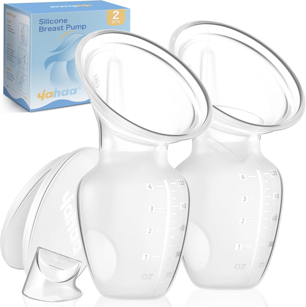 2 Sets Manual Breast Pump for Breastfeeding Essentials, Colostrum Collector with Spill Free Valve & Cap, Hand Pump Breastmilk, Milk Collectors for Breastfeeding, Silicone, Clear, 4oz