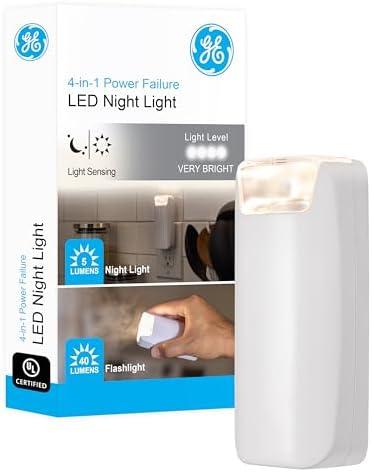 GE 4-in-1 Power Outage Plug In Night Light LED Flashlight for Dorm Room, Apartment Essentials, Battery Operated Lights Emergency Supplies, Dusk to Dawn Sensor Nightlight, 1 Pack, White, 37373