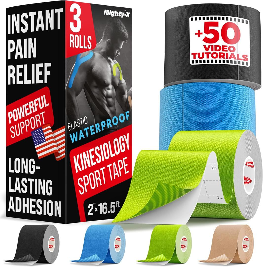 Waterproof Kinesiology Tape - 3 Rolls - Knee Support & Muscle Pain Relief - 16.4 ft Uncut Sports Kinetic Tape for Joint Stability - 50 Instructional Videos (Mixed)