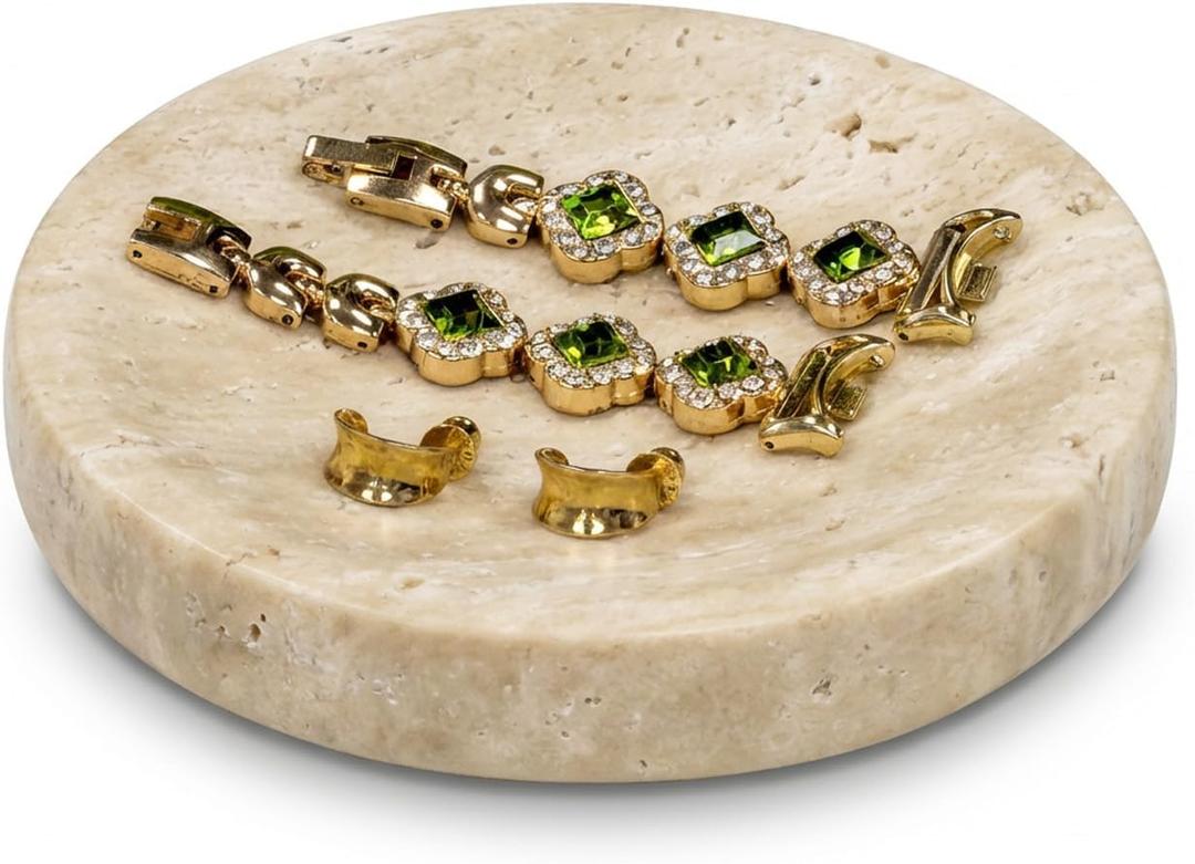 Natural Travertine Marble Jewelry Dish, Beige Round Small Tray 4.5 inch, Modern Stone Shower Soap Holder, Decorative Trinket for Rings, Earrings