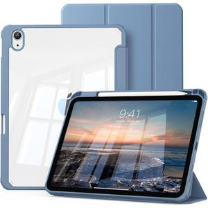 Ipad 10.9 Inch 2022 with Pencil Holder, Trifold Stand Protective Cover, Hard PC Clear Back, Auto Wake/Sleep, Haze Blue