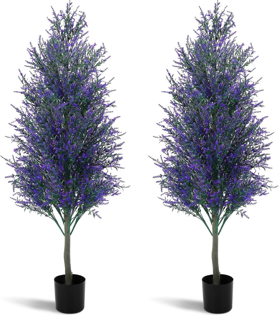 Lunmon 4 FT Artificial Lavender Topiary Trees Set of 2, Faux Potted Plants Boxwoods for Outdoor Fake UV Resistant Greenery Shrubs Bushes for Indoor Home Porch Garden Yard Patio Decor(Purple)