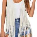 Dokotoo Womens Fringe Vest 70s Hippie Costume Sleeveless Cowgirl Western Outfits Faux Suede Tassel Leather Outerwear (Medium, Beige)