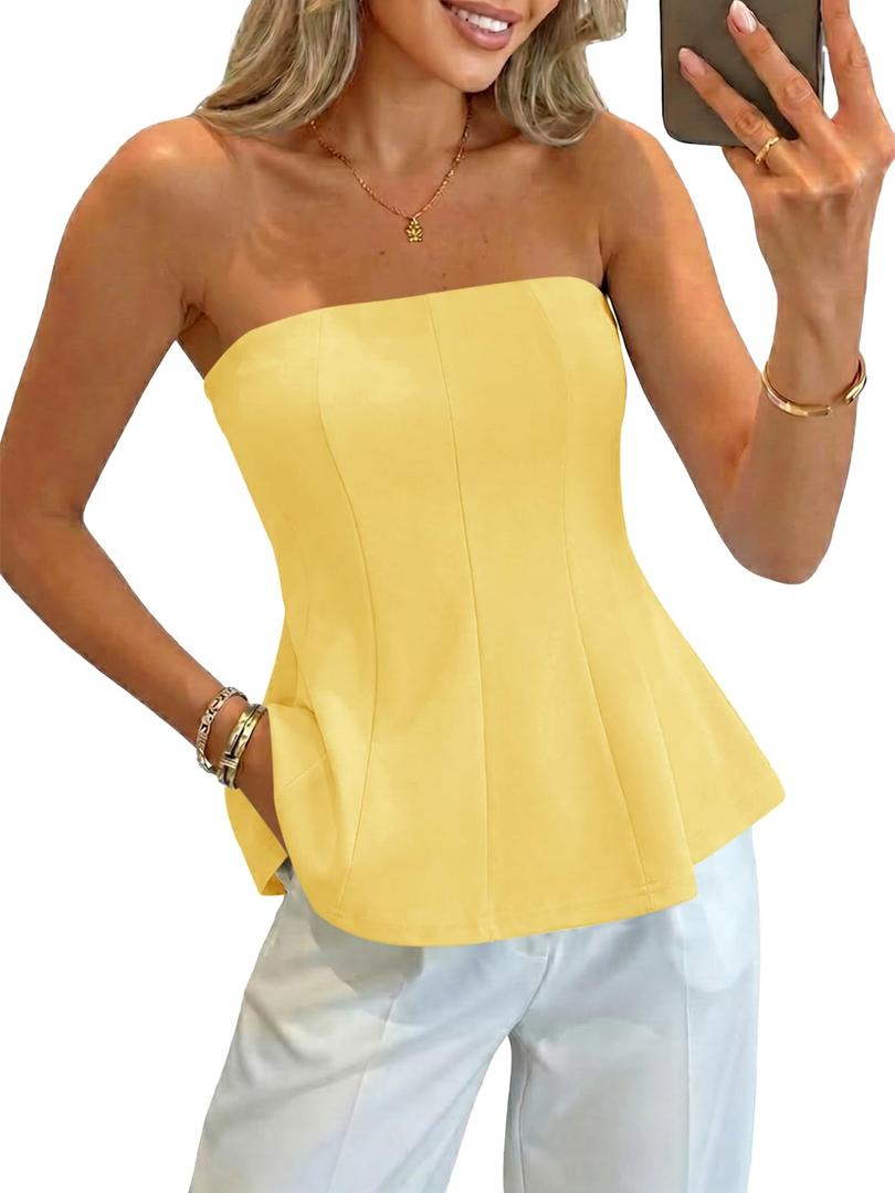 Womens Peplum Tube Tops Ruffle Summer Casual Bandeau Strapless Tank Tops (L)