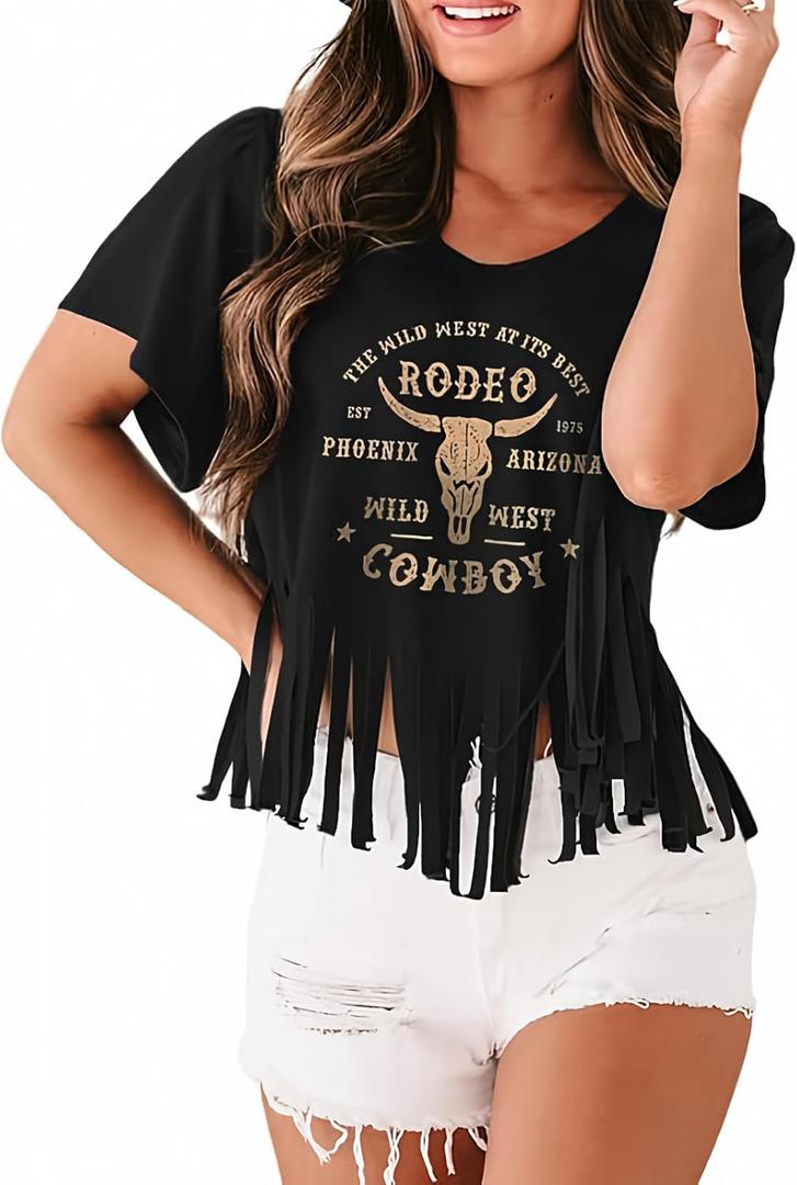 Women Graphic Tees Western Shirts Vintage Cowgirl Fringe Shirt Country Concert Tops Short Sleeve (Small, Dark Black) Women Graphic Tees Western Shirts Vintage Cowgirl Fringe Shirt Country Concert Tops Short Sleeve (Small, Dark Black)