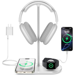 TopMade Airpod Max Charger Stand with 15W Wireless Charger, 4 in 1 Headphone Stand Headset Holder for AirPods Max/Pro/iWatch/Vision Pro, iPhone 17/16/15/14/13/12/11/X for Desktop Gaming Holder, White