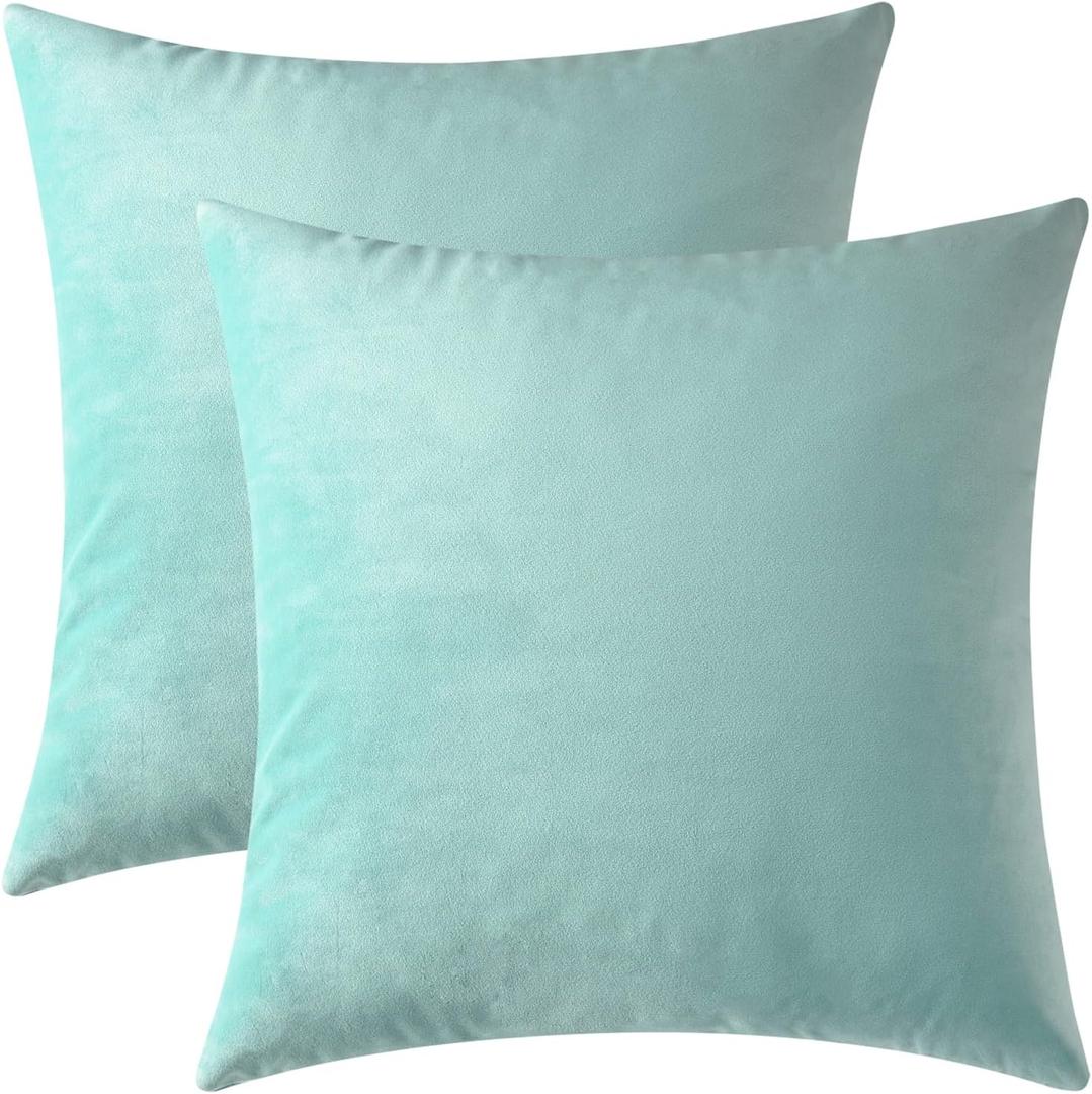 Mixhug Set of 2 Cozy Velvet Square Decorative Throw Pillow Covers for Couch and Bed, Turquoise, 18 x 18 Inches