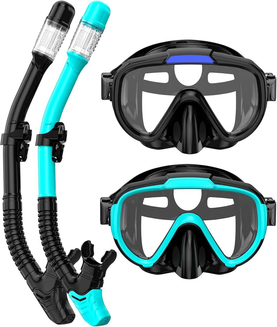 Snorkel Set Adults Snorkeling Gear Anti-Fog Panoramic View Swim Mask Dry Top Snorkel Kit with Carry Bag for Snorkeling Scuba Diving Swimming Travel (Z-Black/ Green Black)
