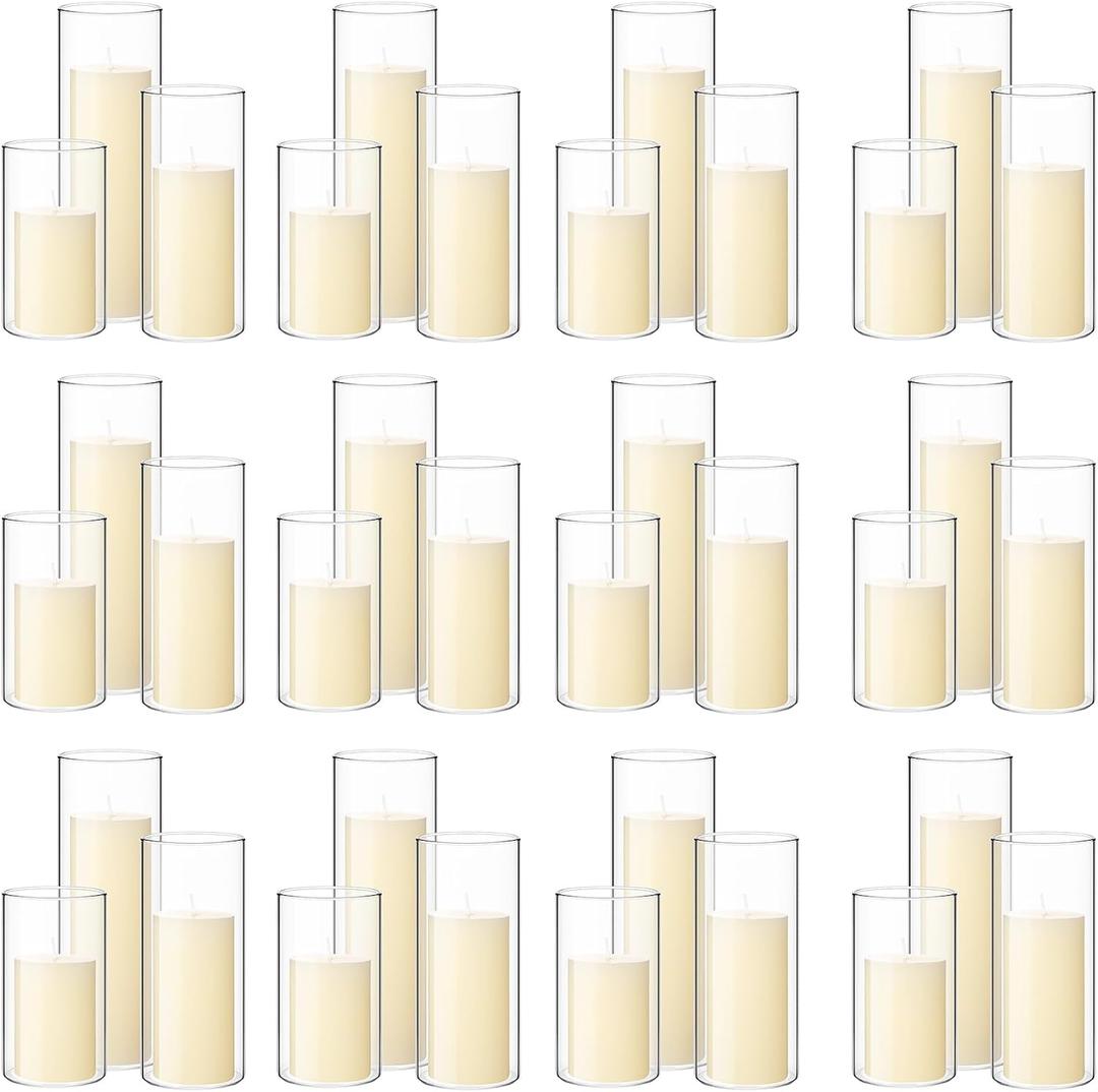 Shihanee Set of 36 Pillar Candles and Glass Cylinder Vases Clear Cylinder Holders for Slim Pillar Candles Wedding Centerpieces(2.6'' X 4.7'', 5.9'', 7.9'',Ivory White)