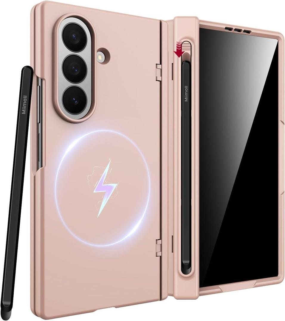 Miimall for Samsung Galaxy Z Fold 7 Magnetic Case with Pen Holder & Stylus Pen | Privacy Screen Protector & Dustproof Hinge Cover | Full Body Protection for Z Fold 7 2025 Case, Luxury Gold