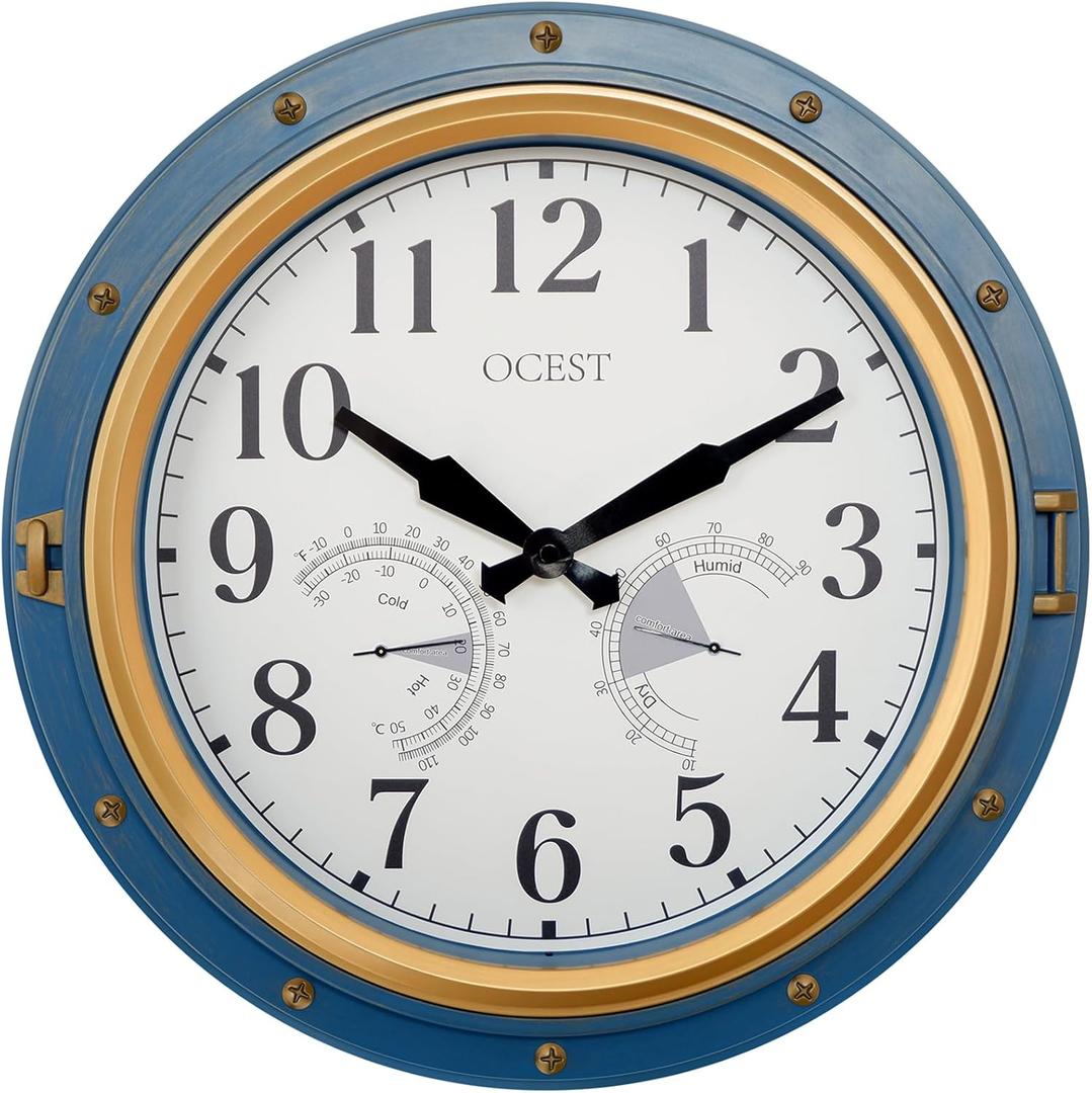 OCEST Indoor Outdoor Clock, 16 Inch Waterproof Wall Clock with Thermometer Hygrometer, Silent Non-Ticking Battery Operated Decor for Home Decor, Patio(Blue)