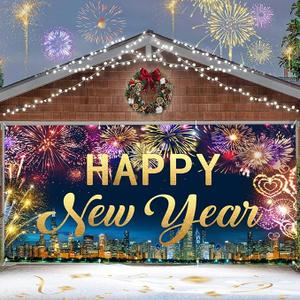 New Year Garage Door Cover Decorations Banner Backdrop,2026 Happy New Year Eve Holiday Garage Door Cover Banner,Neon City Night Scene Colorful Fireworks Garage Door Outdoor Holiday Decorations 68 x 42