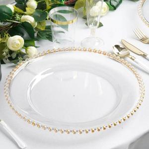 Efavormart 12-Pack Acrylic Charger Plates 13" Round Clear with Gold Beaded Rim - Decorative Dinner Party Serving Plates