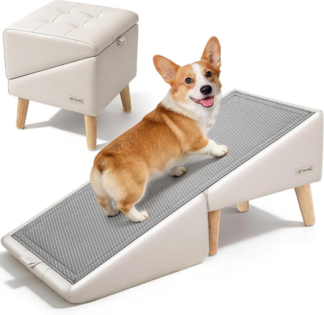 Dog Stairs for Small Dogs 16" H - Upgraded Non-Slip Dog Ramp for Couch, Foldable 2-in-1 Pet Ramp and Ottoman, Pet Stairs for Puppy, Pet Steps with Solid Wood Frame (Beige)