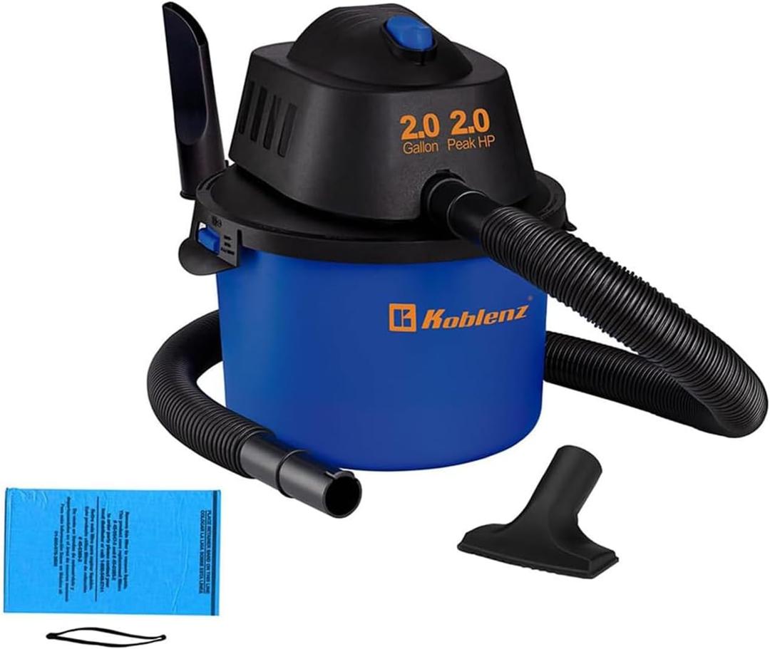 Koblenz Wet Dry Vacuum Cleaner, 2 Gallon 2.0 PHP, 60 CFM, 10 ft Reach, Twist-N-Lock Hose, Small Shop Vac, Portable Shop Vac for Home Car Garage Workshop, Accessories Included, Blue/Black, WD-2L