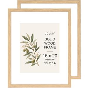 JCJMY 16x20 Solid Wood Picture Frame, Display 11x14 with Mat or 16 x 20 without Mat, Wooden 16 by 20 Photo Frame with Shatter Resistant Plexiglass for Wall Hanging, Natural, 2 Pack
