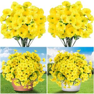 Hotop 20 Bundles Artificial Morning Glory Flowers for Outdoor Spring Summer UV Resistant Artificial Flowers Faux Silk Petunia Eucalyptu Realistic Plant for Outside Home Yard Porch Decor(Yellow)