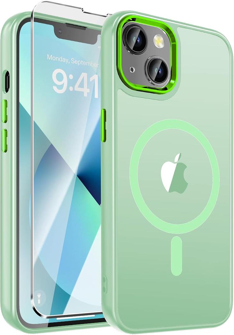 WRJ Magnetic Case for iPhone 13,iPhone 14 Case with Screen Protector, Magnetic Translucent [Compatible with Magsafe] Slim Anti-Fingerprints Shockproof Protective Cover for Women Men-Matcha Green