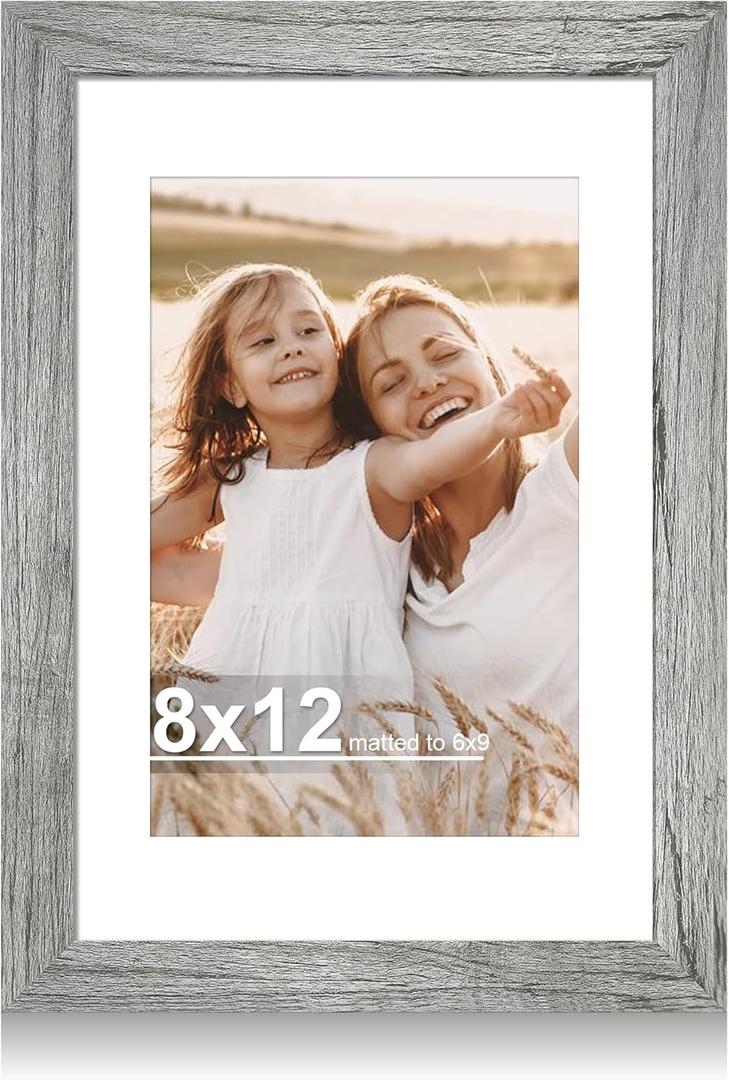 Hongkee 8x12 Picture Frame with Glass, Display Pictures 6x9 with Mat or 8 x 12 without Mat - Wall and Tabletop, 8 by 12 Photo Wooden Frames (Grey, 1 Pack)
