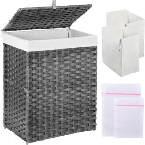 Greenstell Laundry Hamper with Lid, 90L Clothes Hamper with 2 Removable Liner Bags & 2 Mesh Laundry Bags, Handwoven Synthetic Rattan Laundry Basket for Clothes, Toys in Bathroom, Bedroom Grey (90L (18.1 x 13.0 x 23.6 inches), Gray)