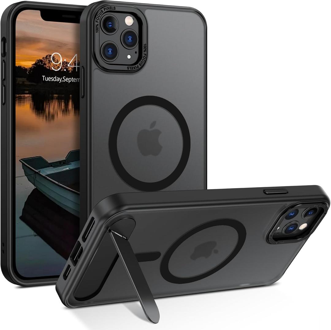 GUAGUA for iPhone 11 Pro Max Case with Stand, Magnetic Cases with Foldable Invisible Stand Translucent Matte Back Slim Protective Shockproof Kickstand Phone Case for iPhone 11 Pro Max 6.7", Black