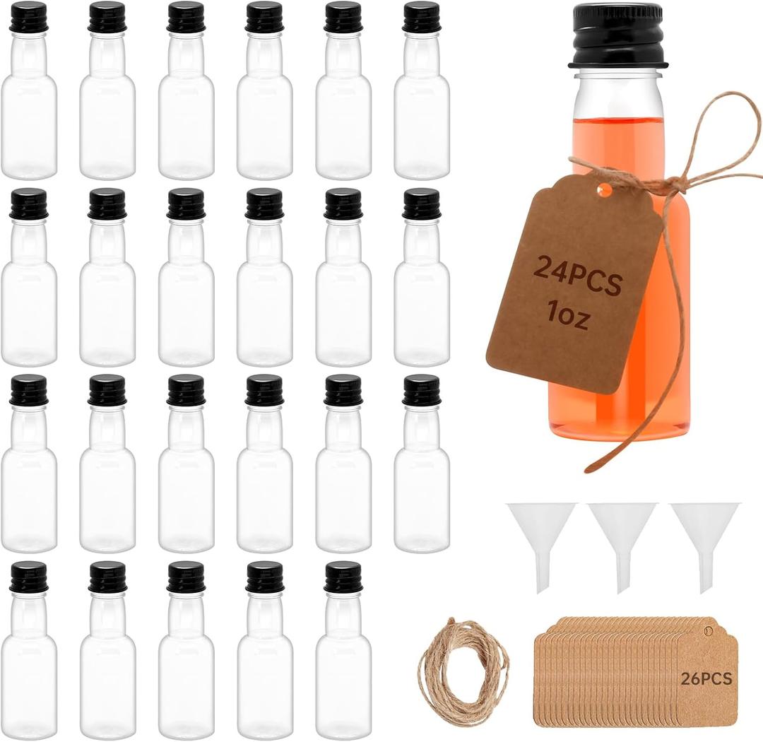 24Pcs Plastic Mini Liquor,Thick neck Empty Spirit Bottles with Black Screw Cap,Reusable Plastic Alcohol Shot Bottles for Baby Shower,Party,Weddings (24, PC, Round, 1, ounces)