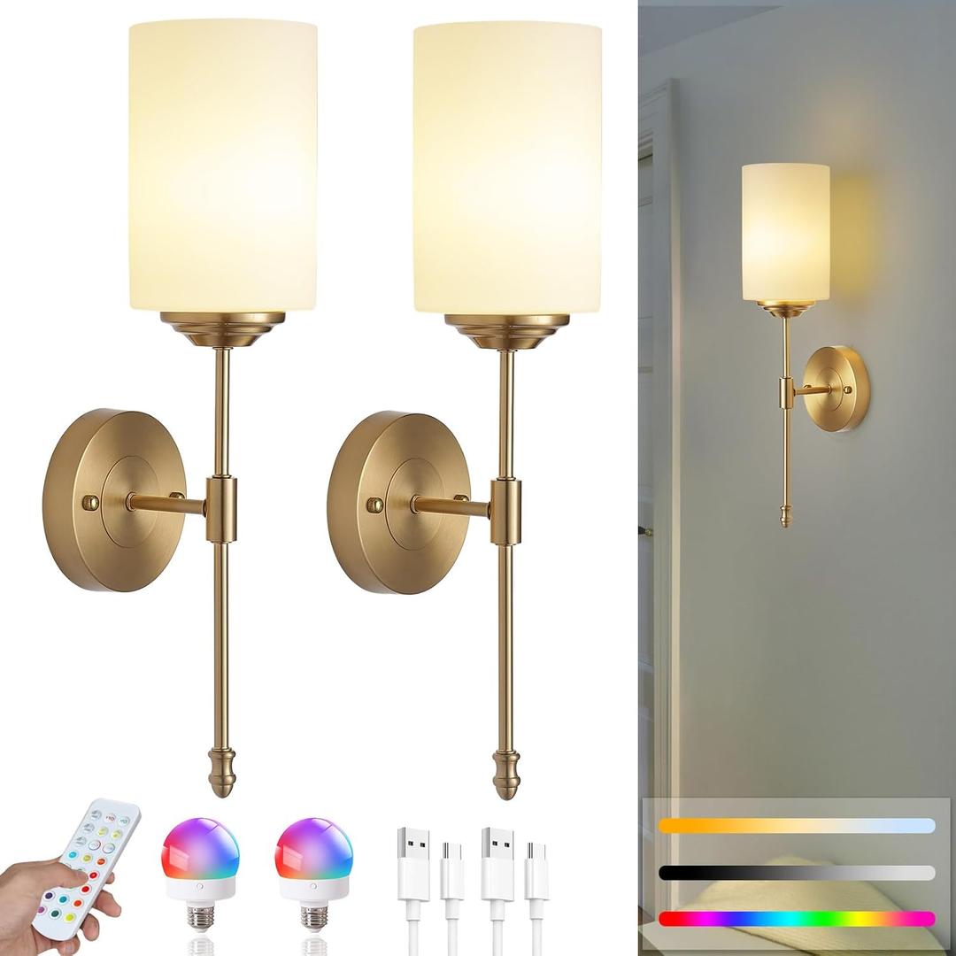 Battery Operated Wall Sconces Set of Two, Rechargeable Wireless Dimmable LED Lights with Remote Control, Modern Gold & Glass Design for Bedroom, Living Room - 2-Pack