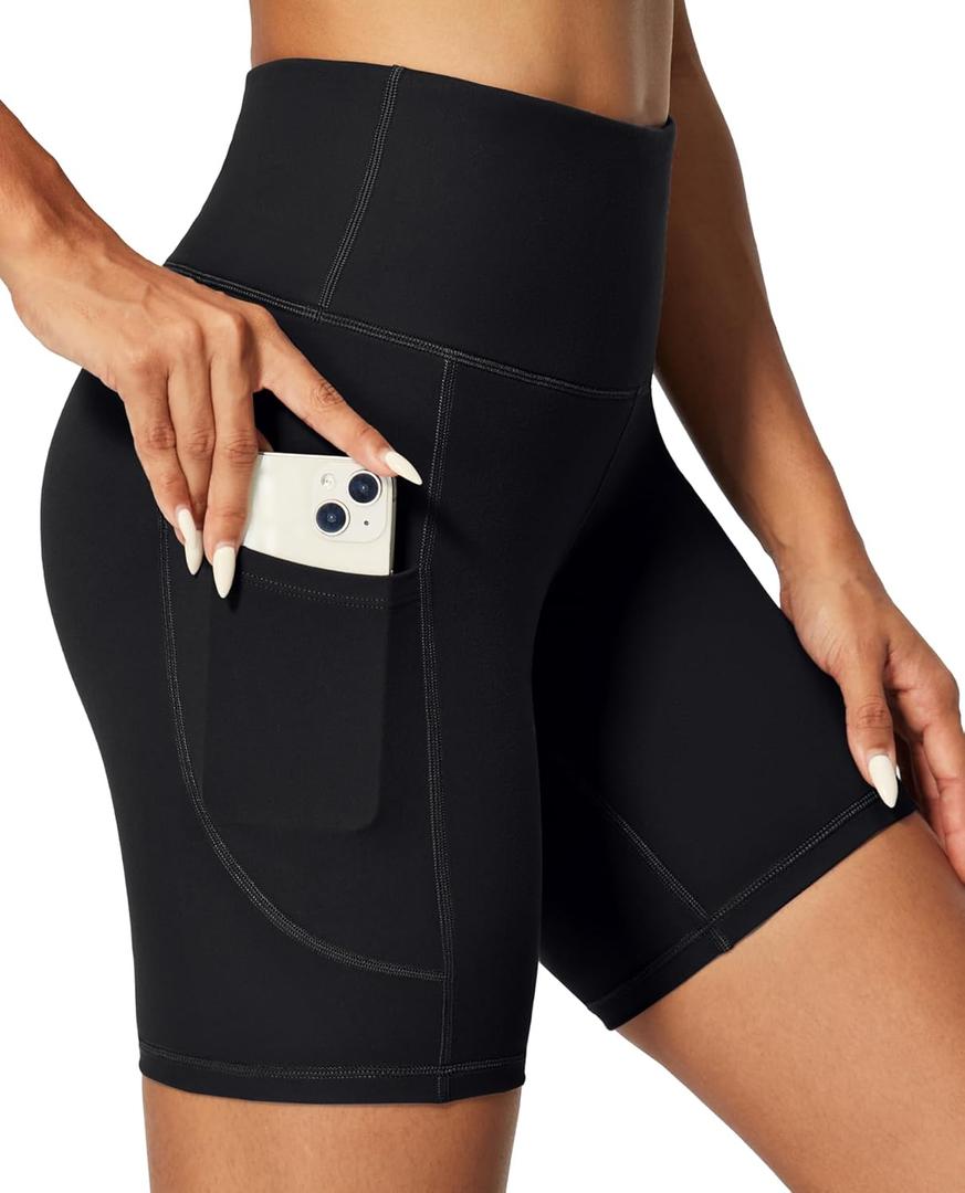 IUGA Biker Shorts Women 6" Tummy Control Workout Shorts Women with Pockets High Waisted Yoga Running Gym Spandex Compression (Black, XL)