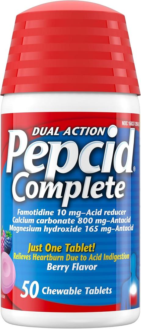 Pepcid Complete Acid Reducer + Antacid Chewable Tablets, Heartburn Relief, Berry, 50 ct, BBD 04/2028