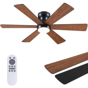 Asyko Ceiling Fans with Lights, 46" Low Profile Ceiling Fan with Light and Remote Control, Flush Mount, Reversible, Dimmable LED, Noiseless, Brown Ceiling Fan for Bedroom, Dining Room