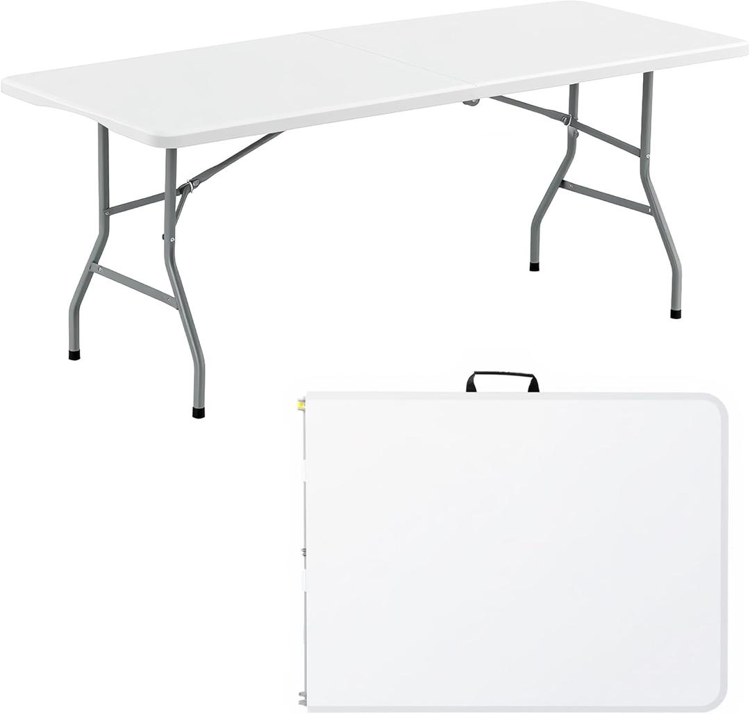 Folding Table 6FT Portable Heavy Duty Plastic Table with Carrying Handle Fold-in-Half Utility Foldable Tables for Parties Wedding Events Dining Indoor Outdoor Picnic (White)