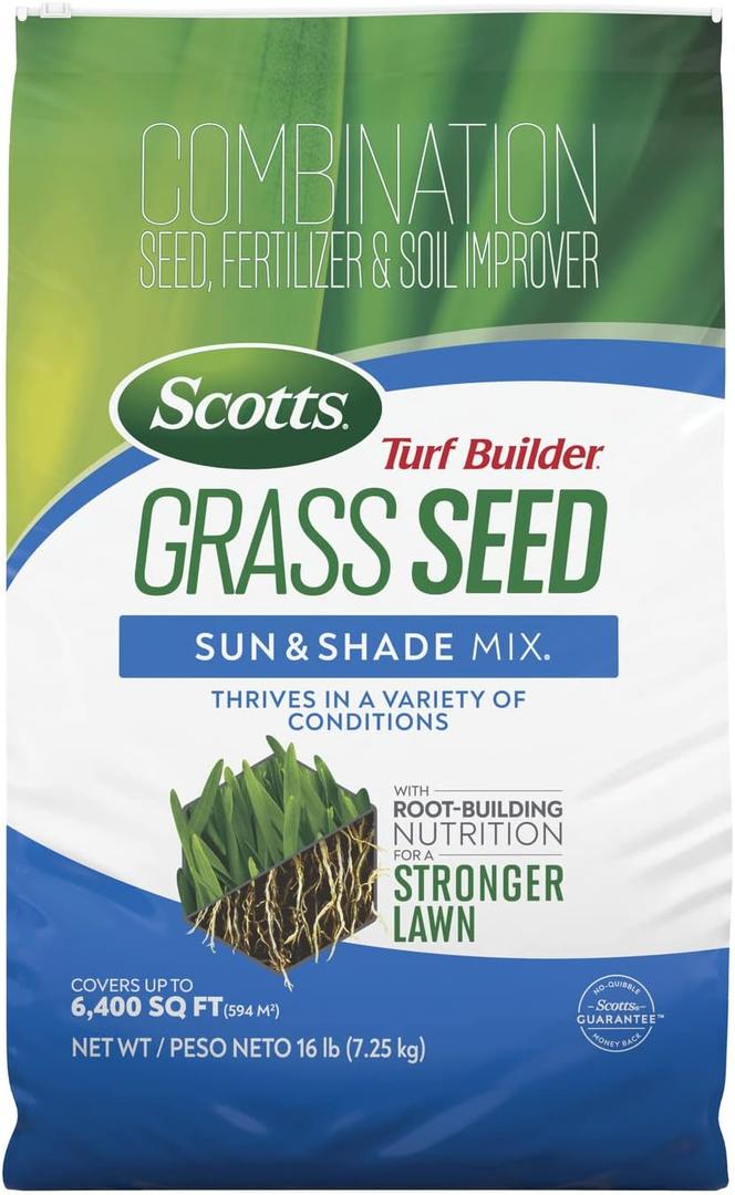 Scotts Turf Builder Grass Seed Sun and Shade Mix with Fertilizer and Soil Improver, Thrives in Many Conditions, 16 lbs.