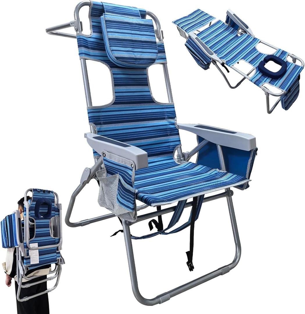 16" High Backpack Beach Chair for Adults with Face Hole & Camping Stool Heavy Duty Beach Tanning Chair Lay Flat with Cooler Bag Supports 265 lbs