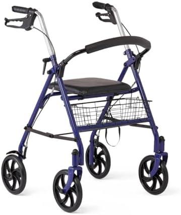 Medline Steel Rollator Walker with Seat, Blue, 300 lb. Weight Capacity, 8” Wheels, Foldable, Adjustable Handles, For Seniors, For Mobility Impairment