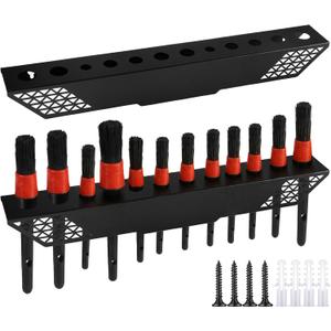 2 Pcs 12 Slot Detailing Brush Holder Car Detail Brush Rack Pan Wall-mount Brushes Organizer Products with Hardware Coated Iron Rack for Garage Workshop Auto Detailing Shop Care Storage, Black