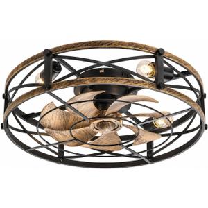 24" Low Profile Caged Ceiling Fan with Lights and Remote, Black Gold