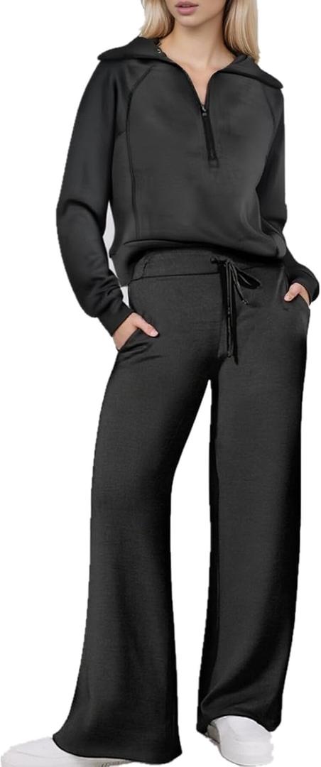 Women's 2 Piece Outfits 2025 Casual Half Zip Wide Leg Pants Tracksuit Sets Lounge Set Travel Vacation Sweatsuits (Large, Black)