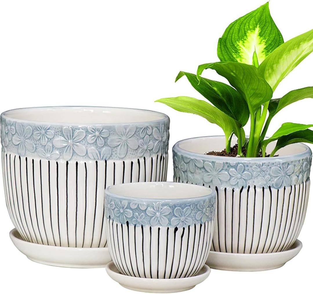 Hlukana Ceramic Plant Pots Set of 3, 6.75/5.6/4.2 inch Planters with Drainage Holes and Saucer, Flower Pot Outdoor Indoor, Modern Decorative Planters for House Plants Garden Planters Succulent Pots (Blue)