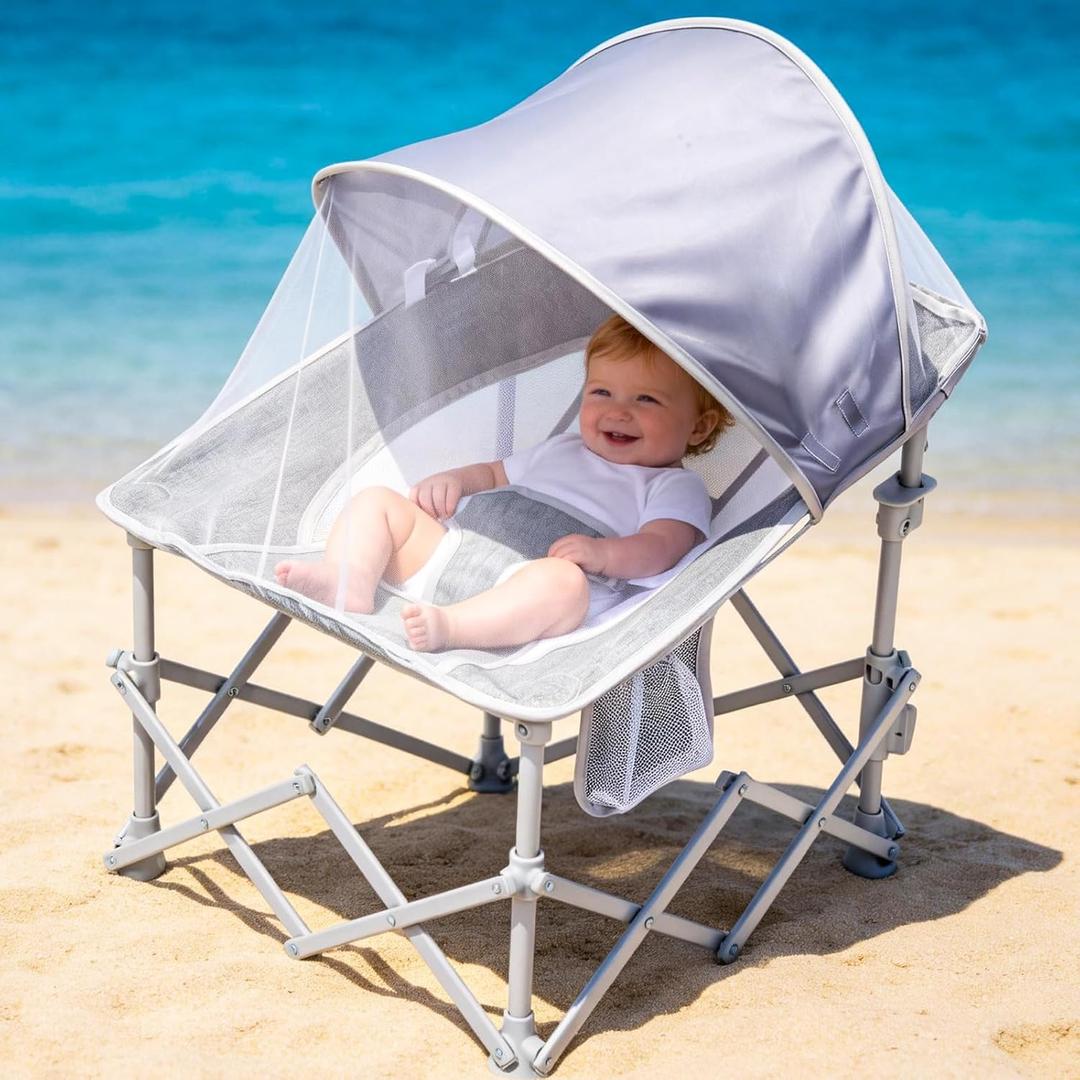 EAST OAK Foldable Baby Beach Chair with Canopy and Mosquito Net for Outdoor | Portable Baby Travel Seat with Removable Shade, Safety Lock, Breathable Mesh, Camping Chair Side Pocket, Ages 1-6 Months