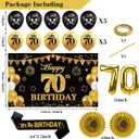 Guiruiy 25PCS 70th Birthday Decorations Kit for Men Women, Black Gold Happy 70th Bday Banner Balloon Centerpieces Swirls Party Supplies, Seventy Years Old Bday Sash Table Topper Swirl Paper Fans Set