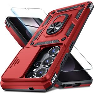 Janmitta Compatible with Samsung Galaxy S26 Ultra Case Built in Slide Camera Lens Cover+Screen Protector+Finger Ring Holder Kickstand,Heavy Duty Shockproof Full Body Phone Cover,2026 Red