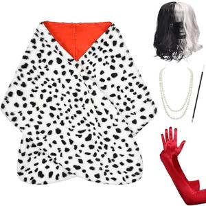 Halloween Costume Women 2025- Dalmatian Shawl, Red Gloves, Necklace and Wig Cap Accessories for Adult (Short Wig)