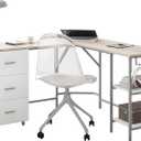 Techni Mobili L Shaped Desk - Two-Toned Computer Desk with Drawers & Storage Shelves - Simple Modern Furniture & Home Office Space Corner Table for Work & Writing (Sand)