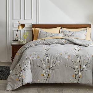 UOZZI BEDDING Branch Style Queen Duvet Cover Set with 2 Pillow Shams - 800 TC Zipper Closure 4 Corner Ties - Adults Dots Floral White Tree Style Reversible Design