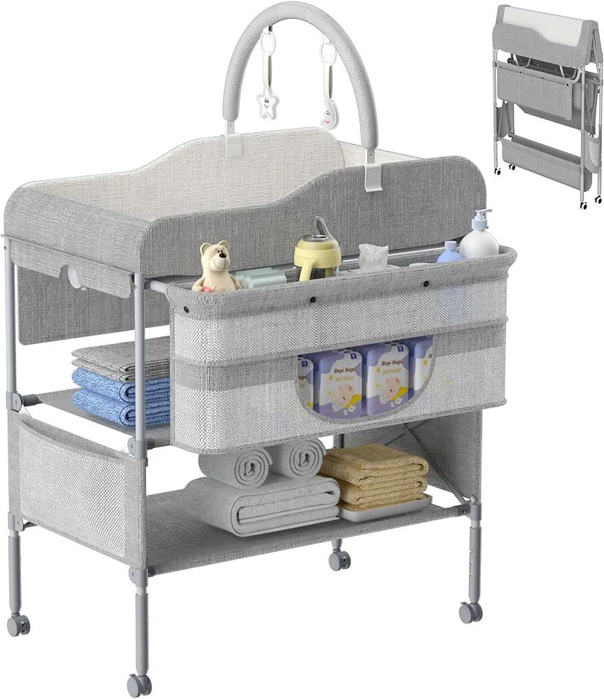 Portable Baby Changing Table, Foldable Changing Station with Height Adjustment, Waterproof Diaper Changing Pad, Mobile Nursery Organizer for Newborn Essentials