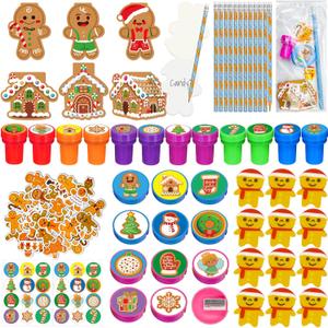 194 Pcs Christmas School Stationery Set Xmas Classrooms Exchange Stationery Party Favors Class Reward Prizes Notebooks Pencils Sharpener Erasers Stickers Stamps for Party Supplies (Gingerbread)